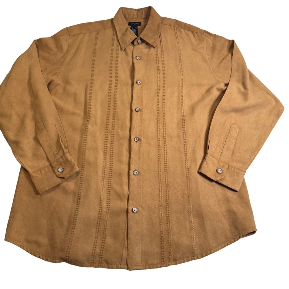 Claiborne Button Down Shirt XL Tan Faux Suede Vintage Y2K Long Sleeve Western